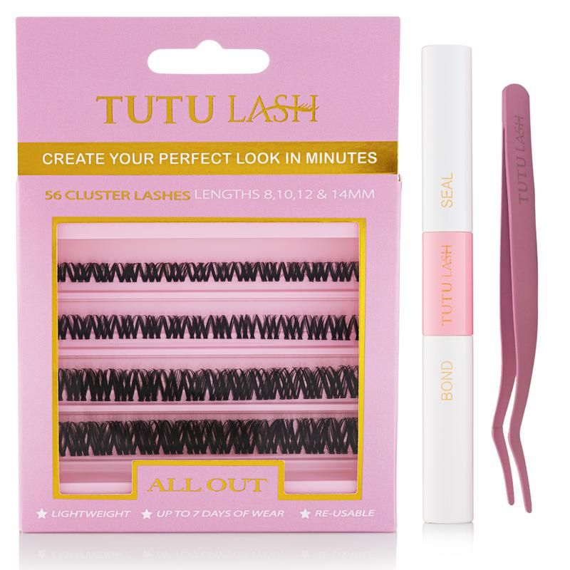 TUTU LASH All Out Cluster Lash Kit 56 Lash Cluster Box, Seal & Bond, Lash Cluster Applicator, Re-usable clusters, strong bonding up to 7 Days of wear
