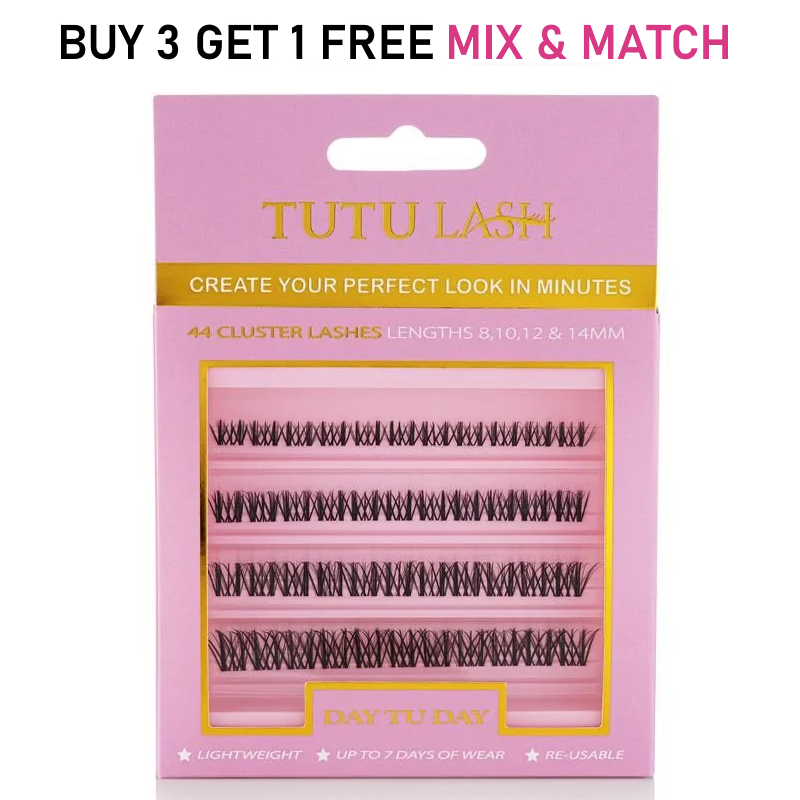 TUTU LASH Day Tu Day Cluster Lashes 44 Lash Cluster Box, Re-usable clusters, strong bonding up to 7 Days of wear at a time, lightweight, re-usable.