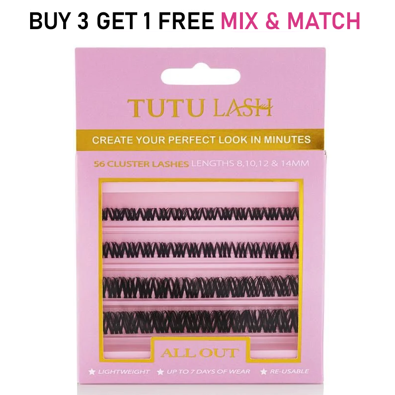 TUTU LASH All Out Cluster Lashes 56 Lash Cluster Box, Re-usable clusters, strong bonding up to 7 Days of wear at a time, lightweight, re-usable.