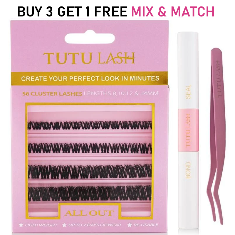 TUTU LASH All Out Cluster Lash Kit 56 Lash Cluster Box, Seal & Bond, Lash Cluster Applicator, Re-usable clusters, strong bonding up to 7 Days of wear