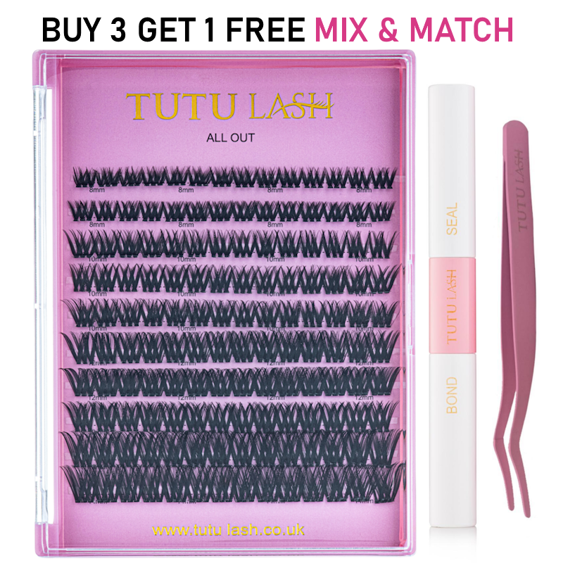 NEW XL SIZE TUTU LASH All Out Cluster Lash KIT 140 Lash Cluster Box, Seal & Bond, Lash Cluster Applicator, Re-usable clusters, strong bonding