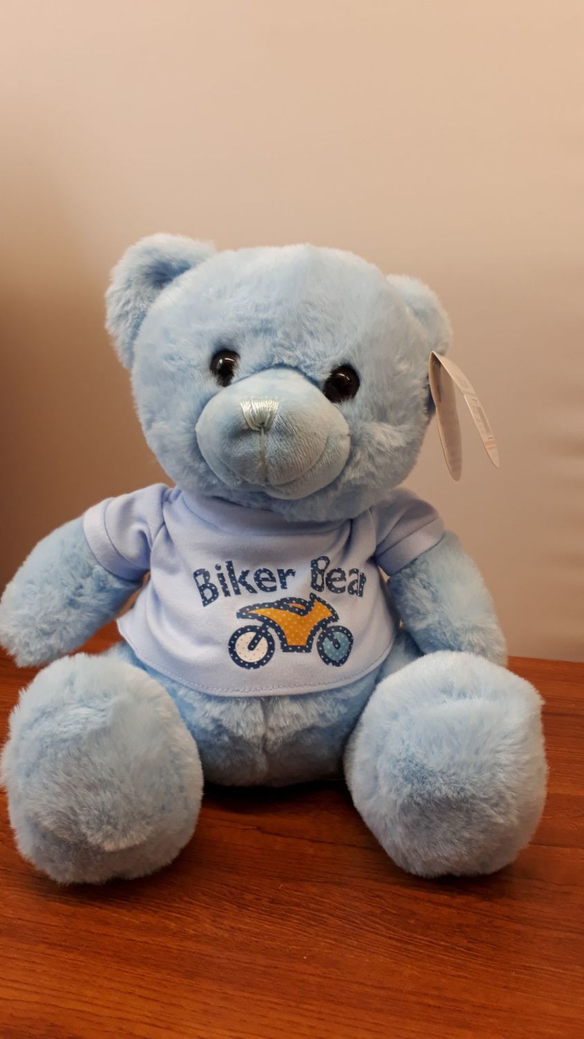 Blue super soft biker teddy bear with a fitted t shirt 