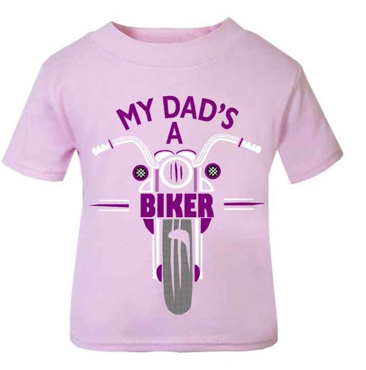 Pink purple My Dad's A Biker motorcycle childrens kids t shirt 100% cotton
