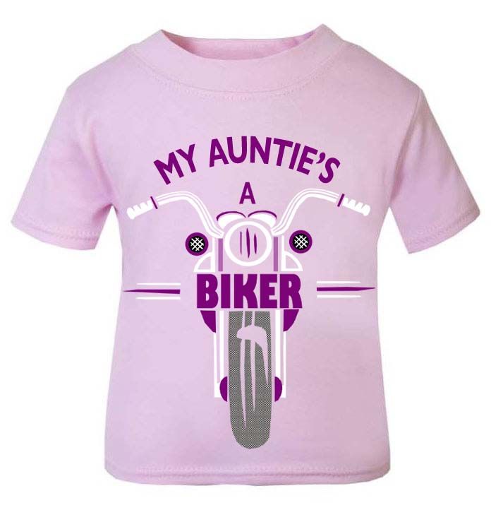 Pink purple My Auntie's A Biker motorcycle childrens kids t shirt 100% cott
