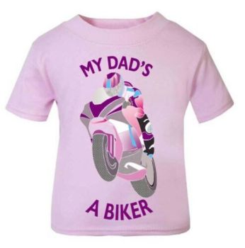 E - My Dad is a biker motorcycle toddler baby childrens kids t-shirt 100% cotton