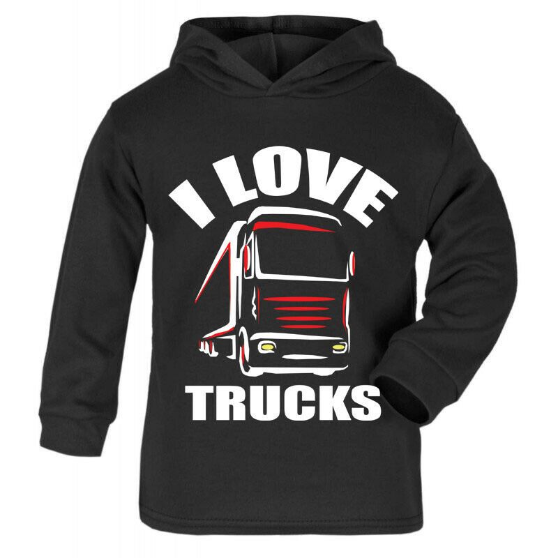 I LOVE camions Noir Sweat à Capuche Enfants Garçon Fille Trucker Camion Poids Lourds Volvo Scania Iveco 