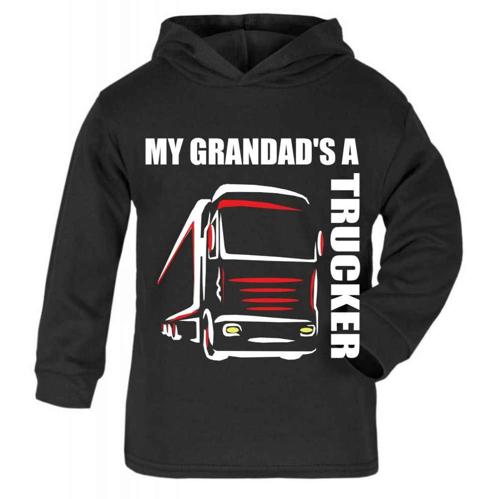 Z -My Grandad's A Trucker black hoodie kids boy girl Lorry HGV Volvo Scania Iveco