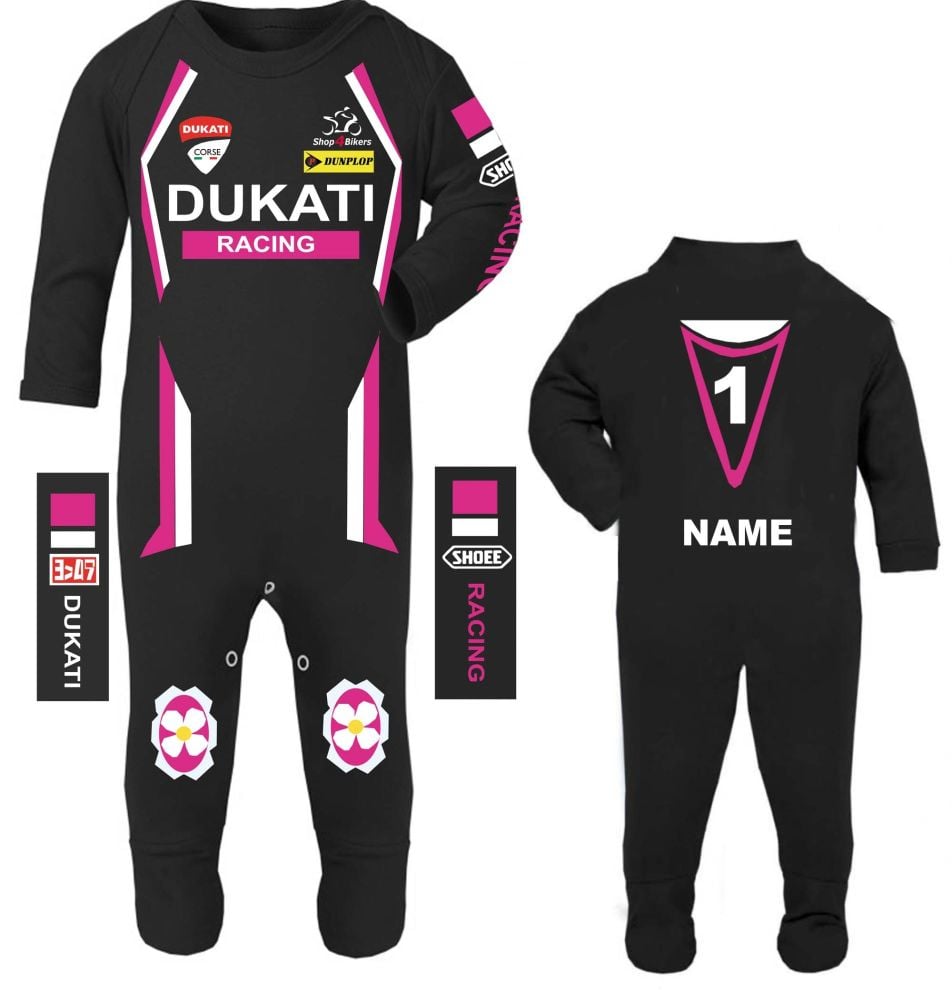 3-Motorcycle Baby grow babygrow Dukati Racing Race Pink romper suit made UK