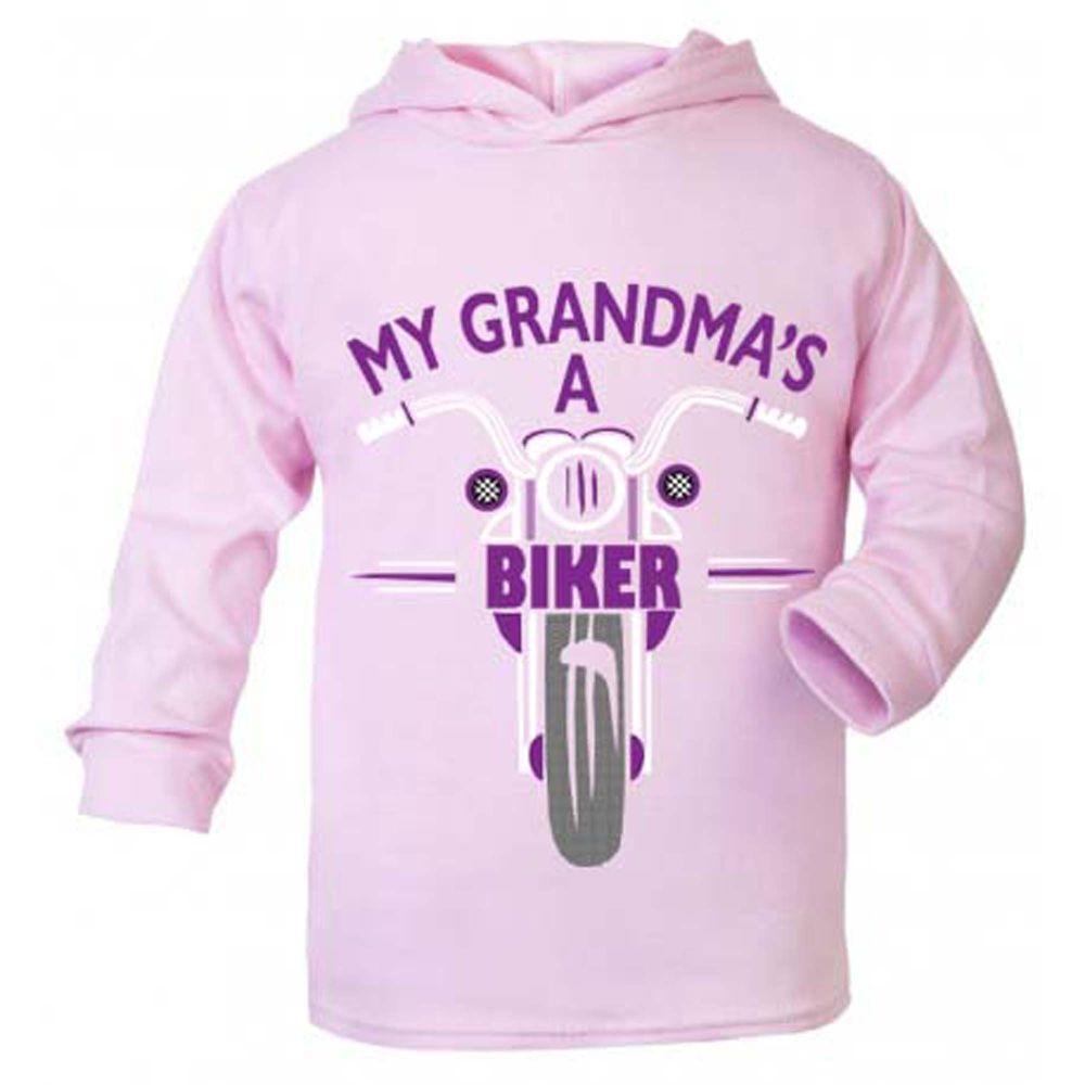 J-My Grandma is a biker motorcycle toddler baby childrens kids pink hoodie 100% cotton