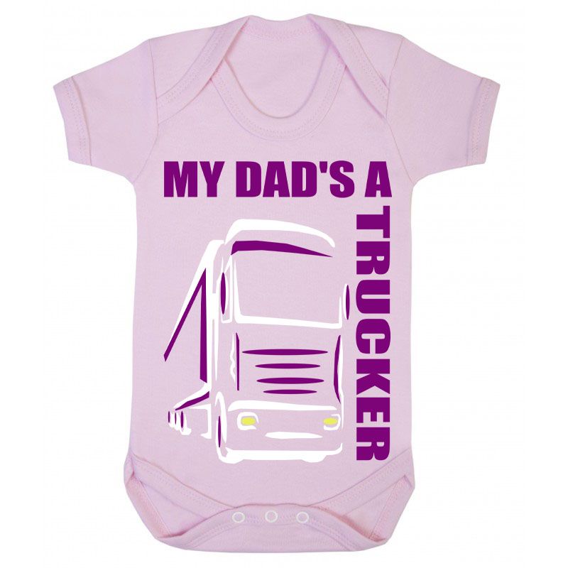 Z -My Dad's A Trucker pink & purple romper suit kids boy girl Lorry HGV Volvo Scania Iveco