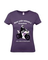 Never under estimate a Grandma who rides a motorcycle purple women's tshirt