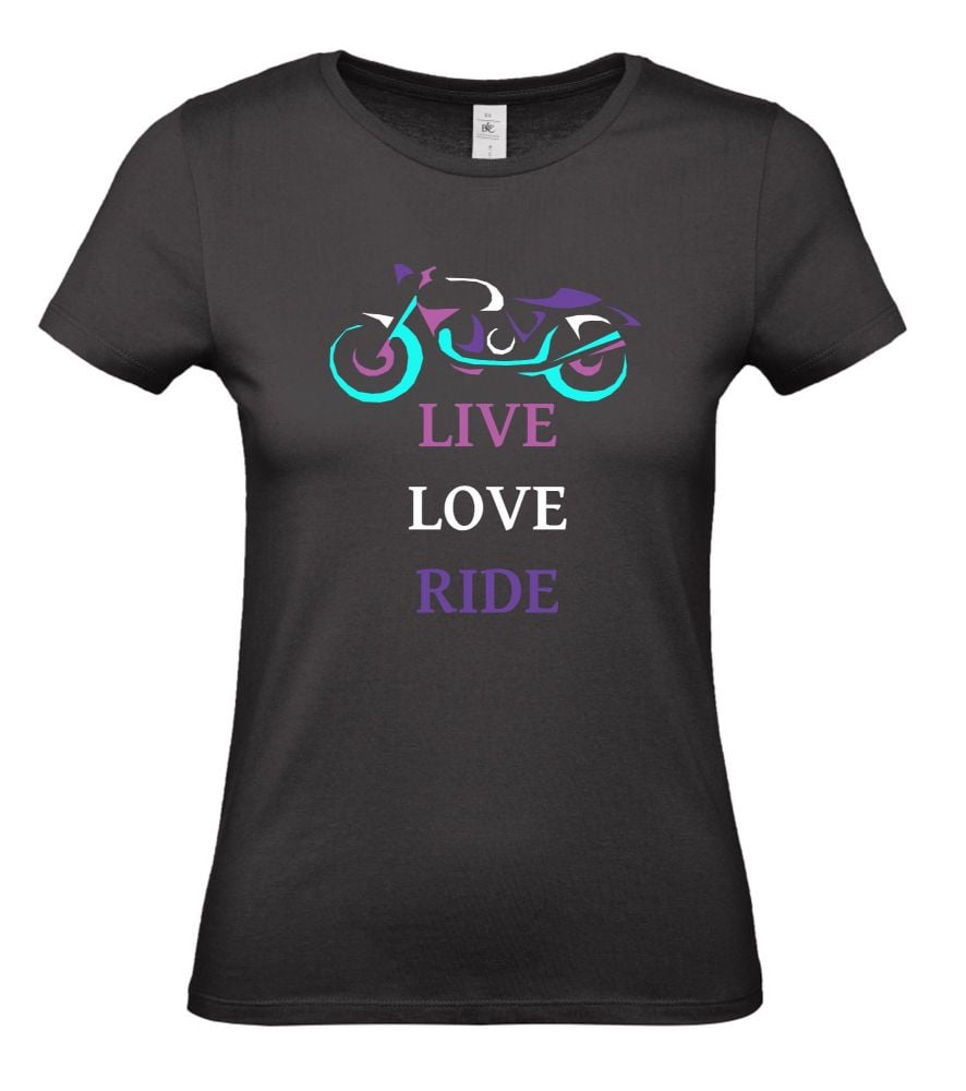 Women girl ladies biker motorcycle tshirt tee Live Love Ride black