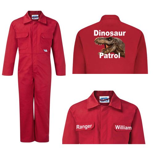 Kids children red boiler suit overalls coveralls customise dinosaur patrol t-rex