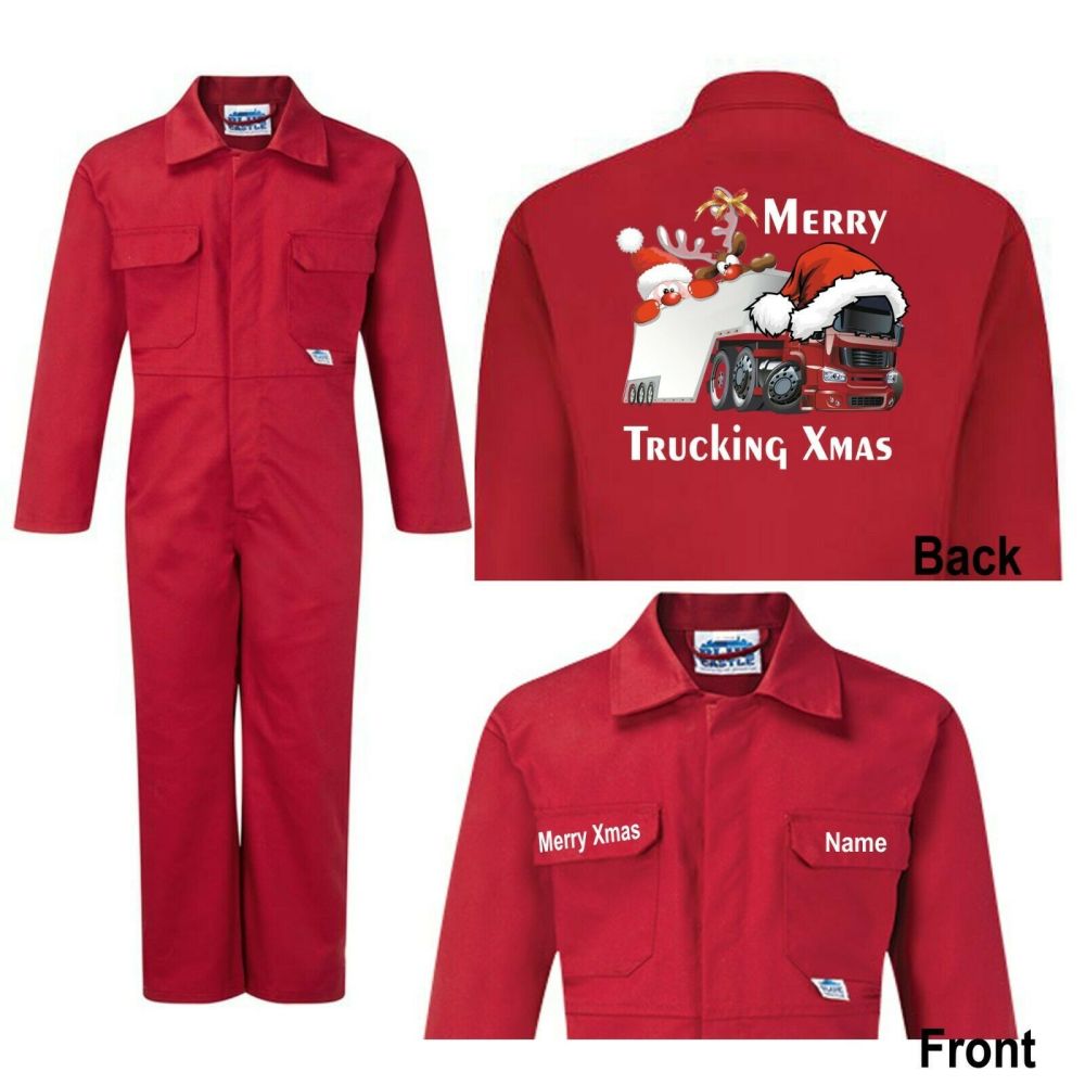 Merry Trucking Xmas Christmas Kids children red boiler suit overalls custom