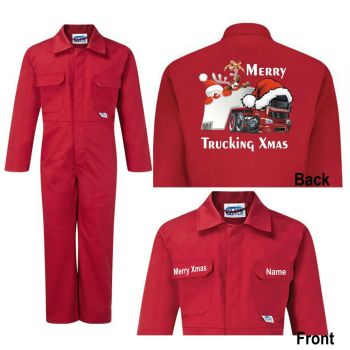 Merry Trucking Xmas Christmas Kids children red blue boiler suit overalls customise