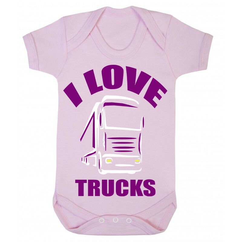 Z -I Love Trucks pink romper suit kids girl trucker Lorry HGV Volvo Scania Iveco