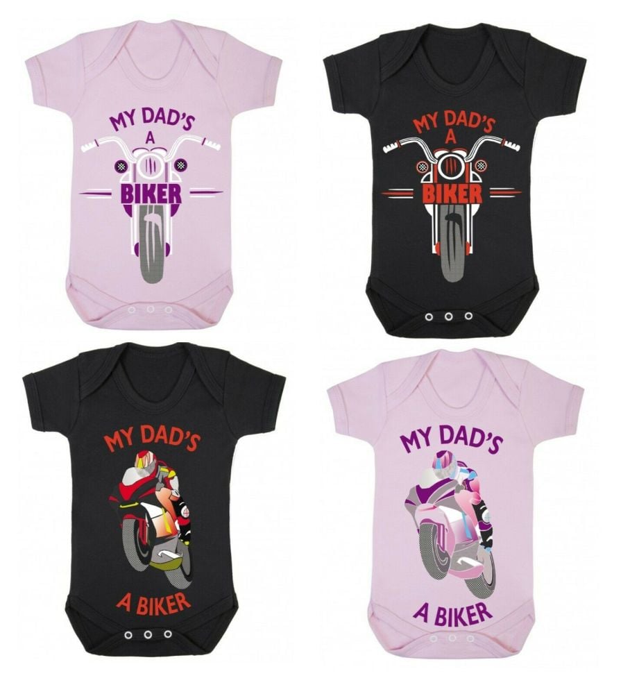 A- My Dad's A Biker black pink romper suit kids boy girl