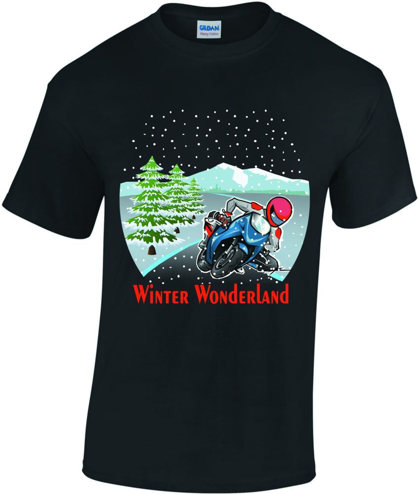 U - Motorcycle Biker Christmas Winter Wonderland fun black tee tshirt