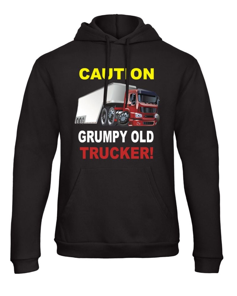 W - Caution Grumpy old trucker truck lorry driver black hoodie with pouch