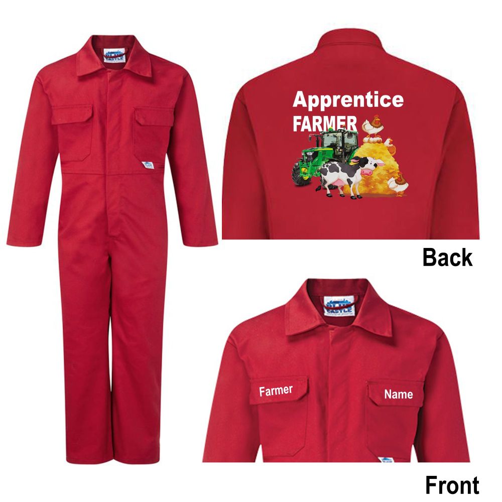 Kids children red or blue boiler suit overalls coveralls customise apprentice farmer animals