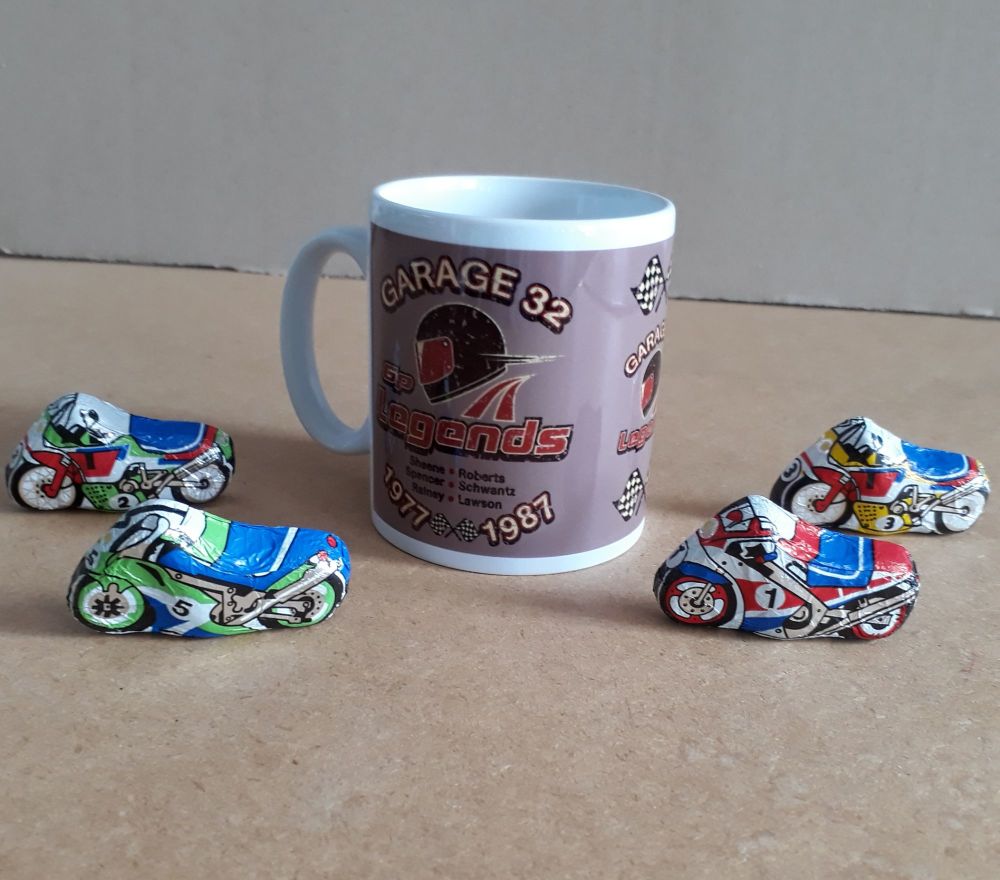 Motorcycle racing GP Legends mug chocolates 4 milk chocs Easter gift