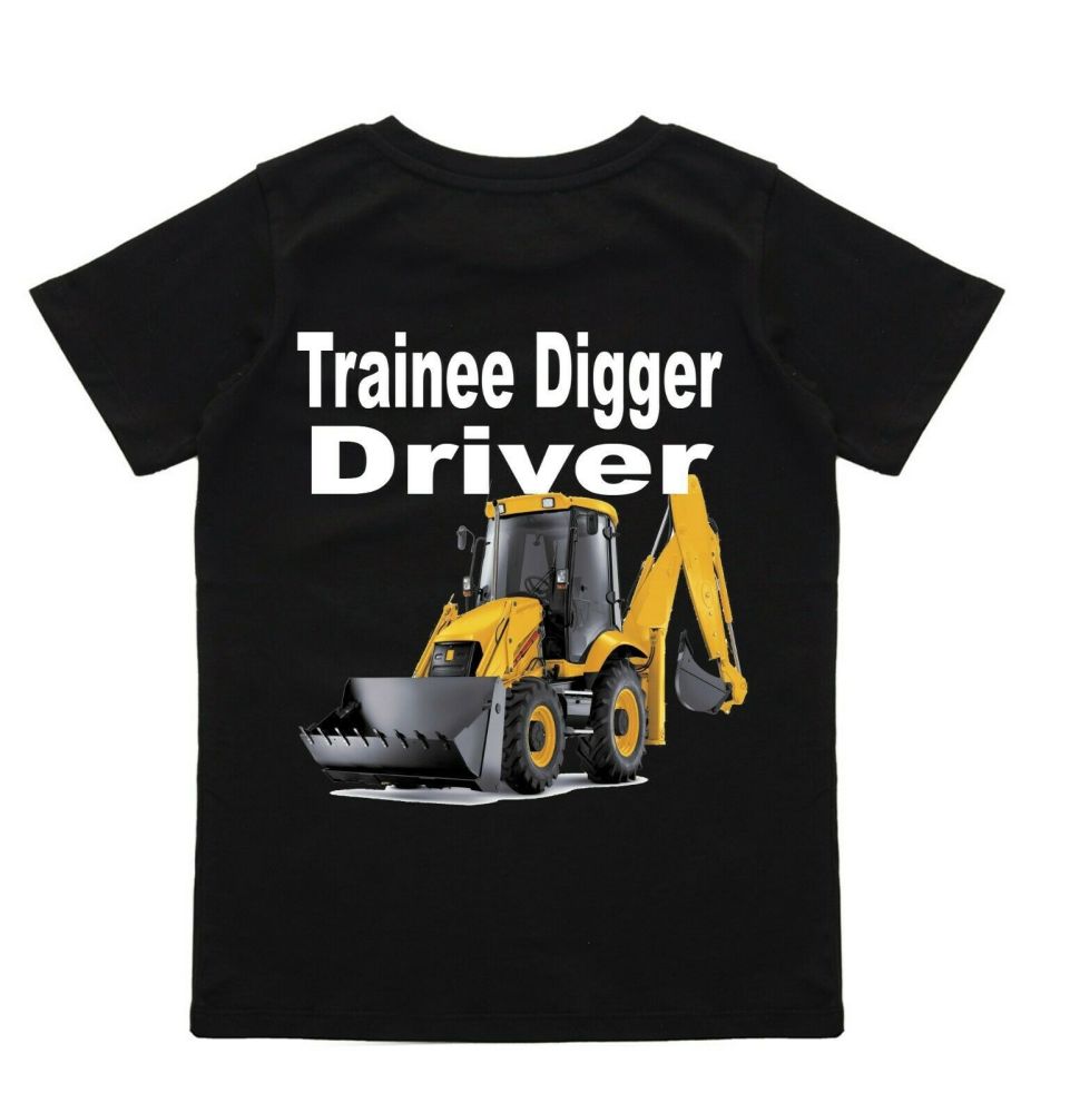 z - Trainee digger driver yellow digger black t-shirt kids children 100% cotton