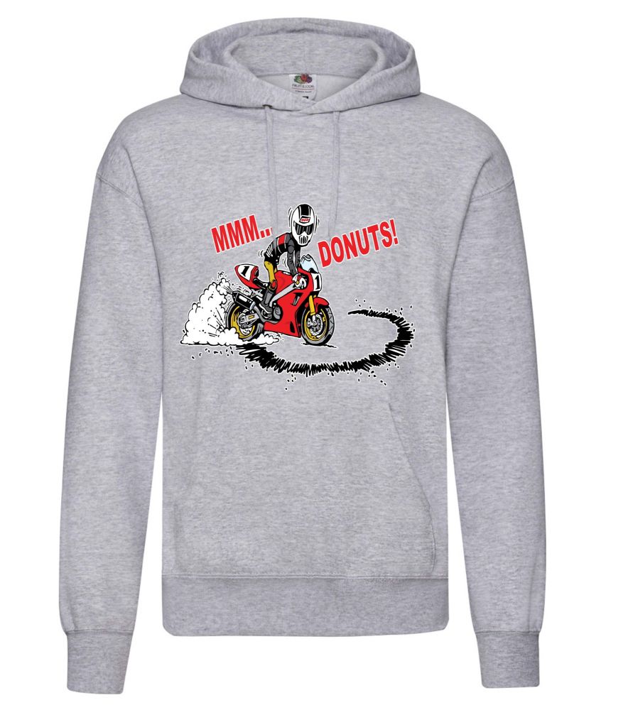 E - MMM Donuts motorcycle biker racing grey hoodie pullover with kangaroo pouch
