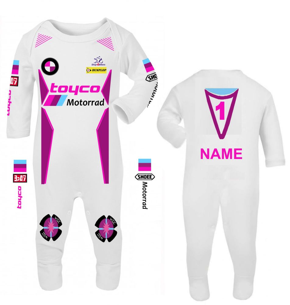 Car racing baby grow babygrow MyTini F1 white baby race romper suit made in UK 