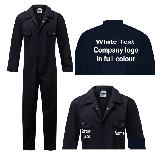 A - Personalised blue adult overalls custom printed coveralls workwear boiler suit