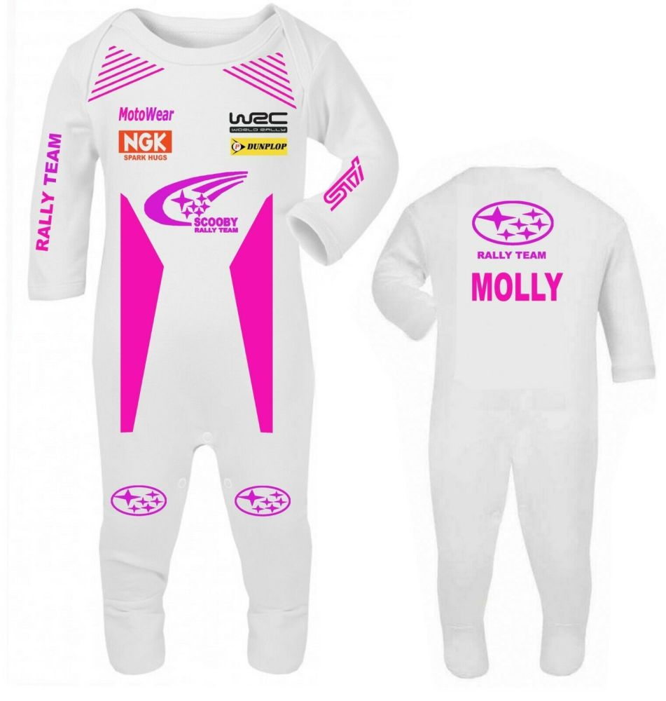 33- Car racing Scooby rally team pink baby grow babygrow romper suit custmi
