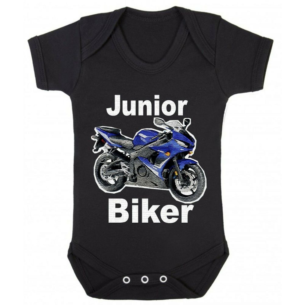 A - Junior baby blue biker motorcycle black romper suit kids boy girl