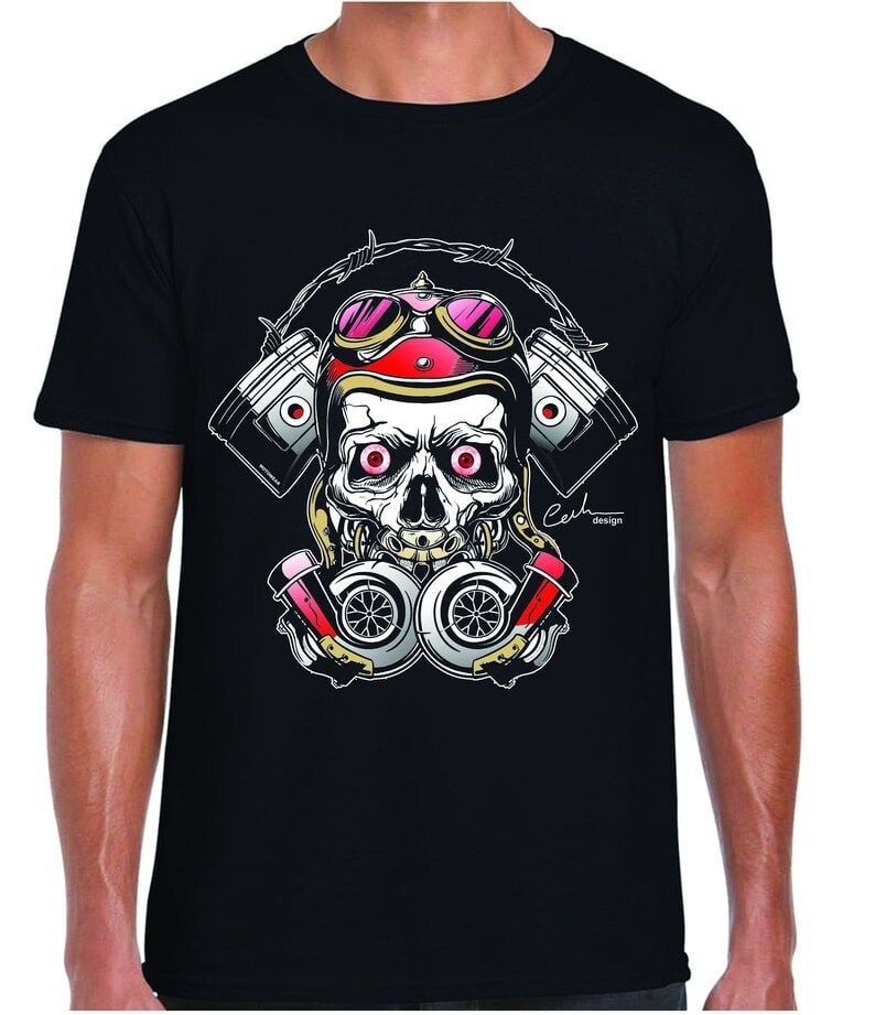 Motorcycle biker steampunk skull MotoWear design premium black DTG t-shirt 