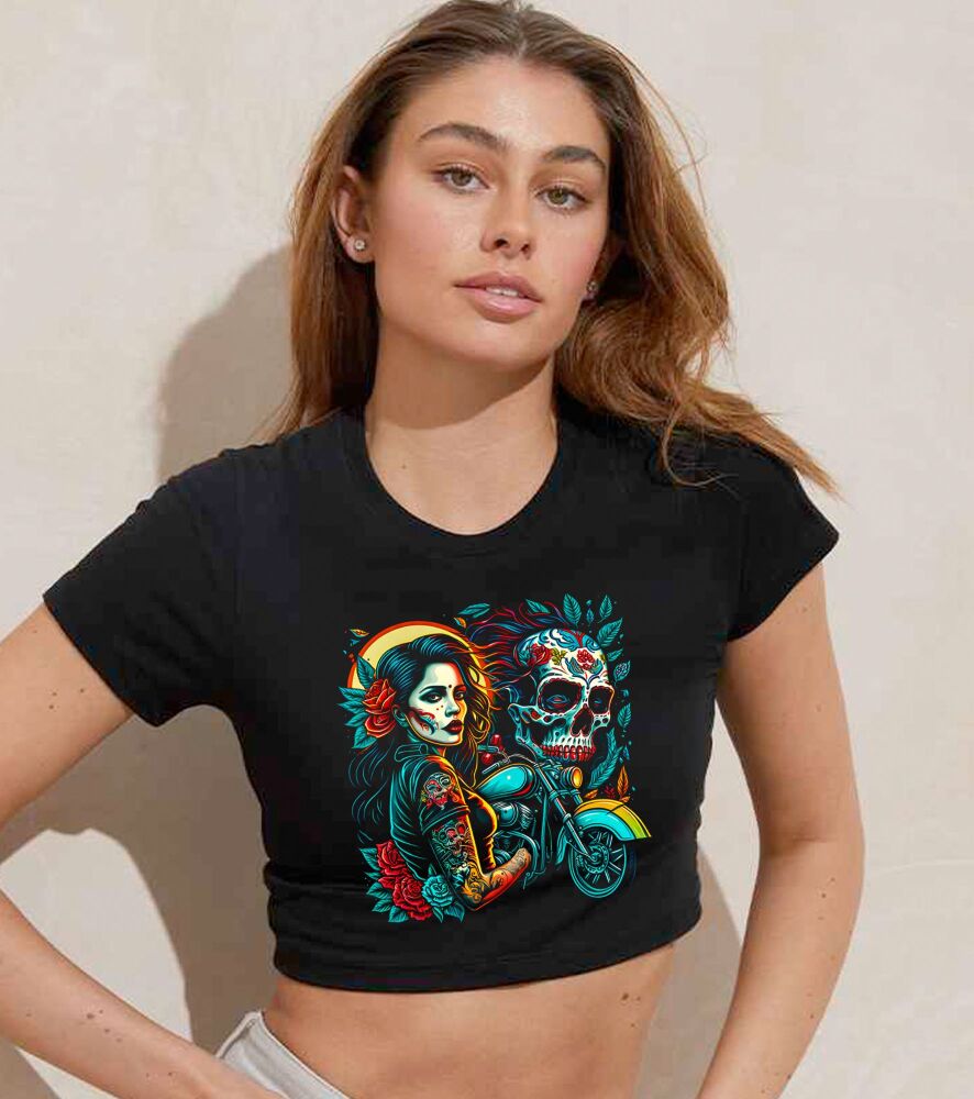 AA-ladies women's crop top biker mexican skull  100% cotton