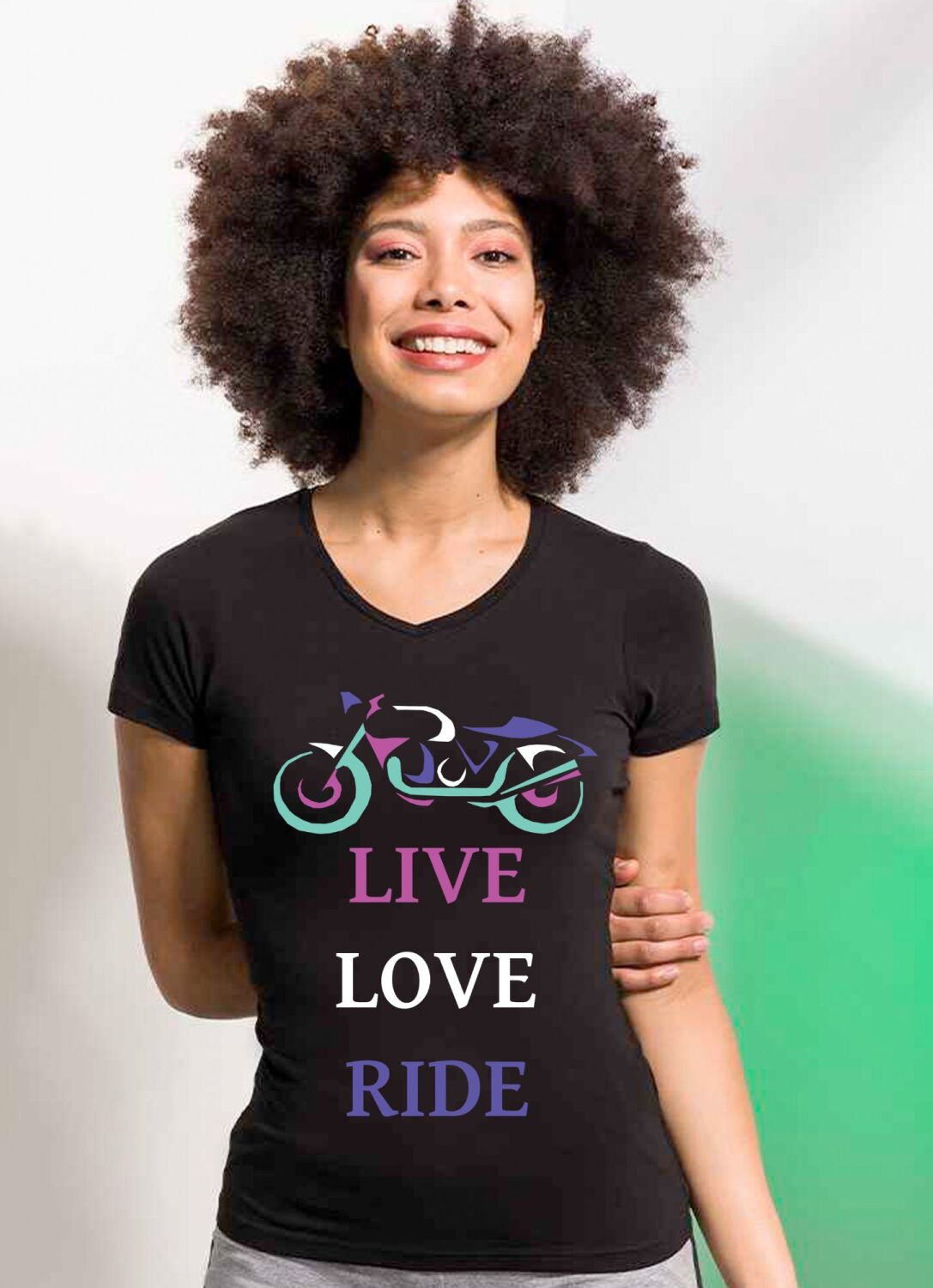 A. Lady women girl biker motorcycle Live Love Ride ladies fit v neck tee t-