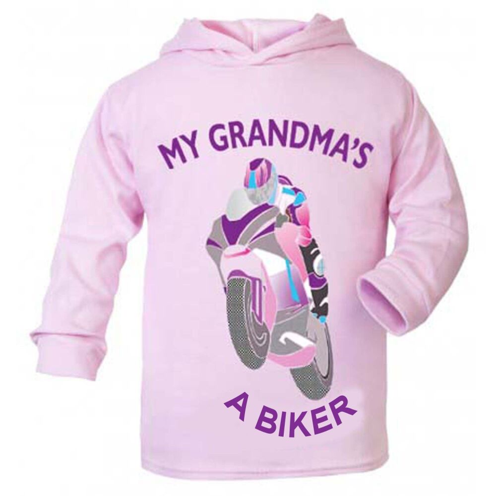 J-My Grandma is a biker motorcycle toddler baby childrens kids pink hoodie 100% cotton