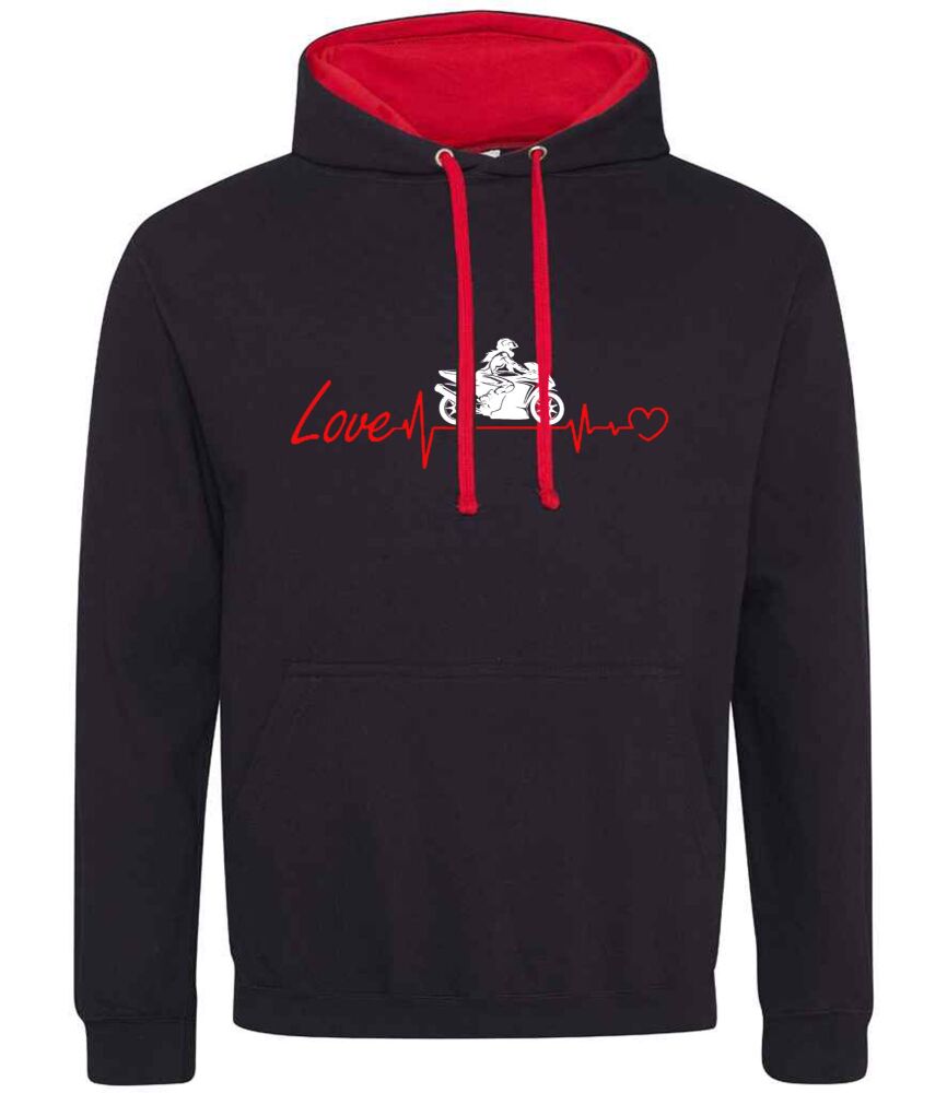 A. Lady girl women biker motorcycle heart beat black red contrast hoodie