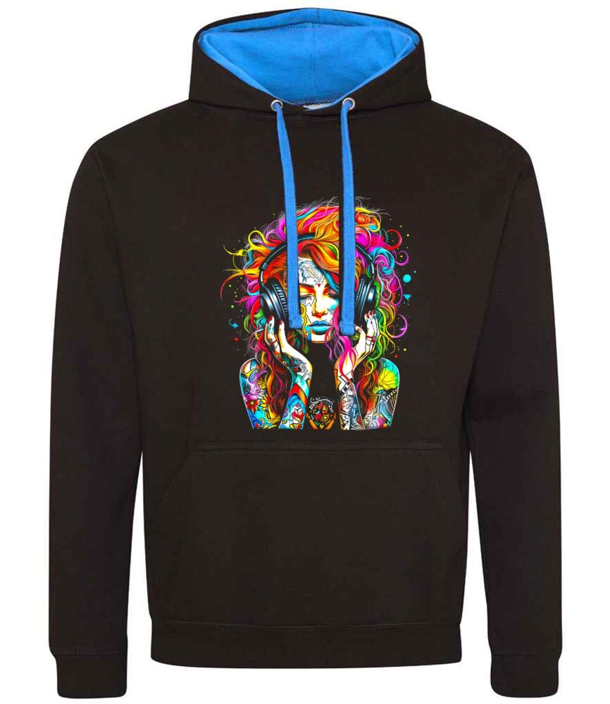 A. Lady girl women Funky DJ black blue contrast hoodie