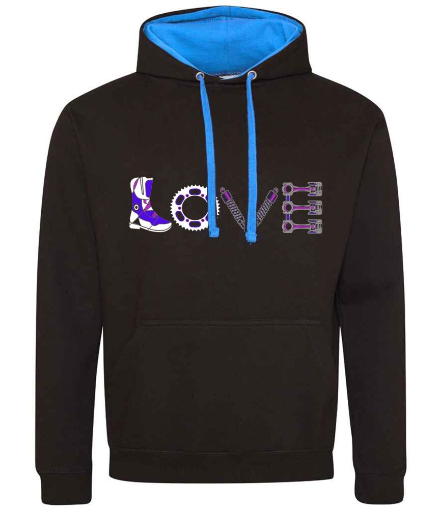 A. Lady girl women Love boot biker motorcycle black blue contrast hoodie