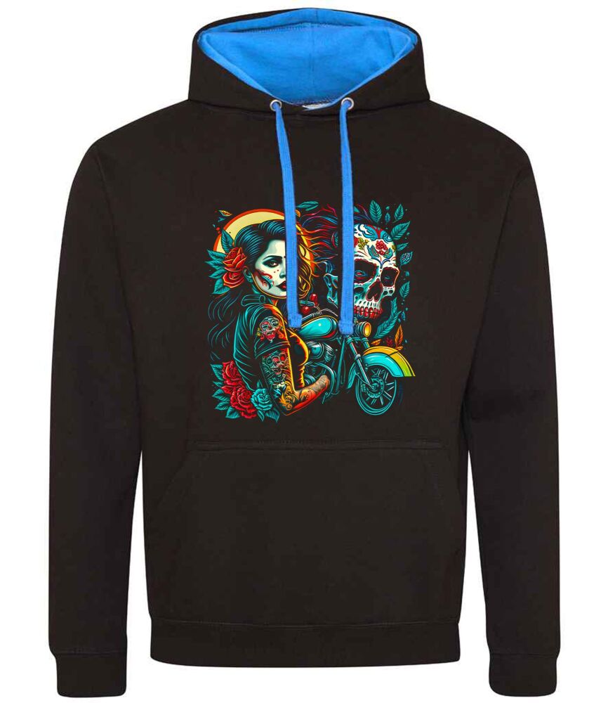 AA. Lady girl women Mexican skull biker motorcycle black blue contrast hoodie