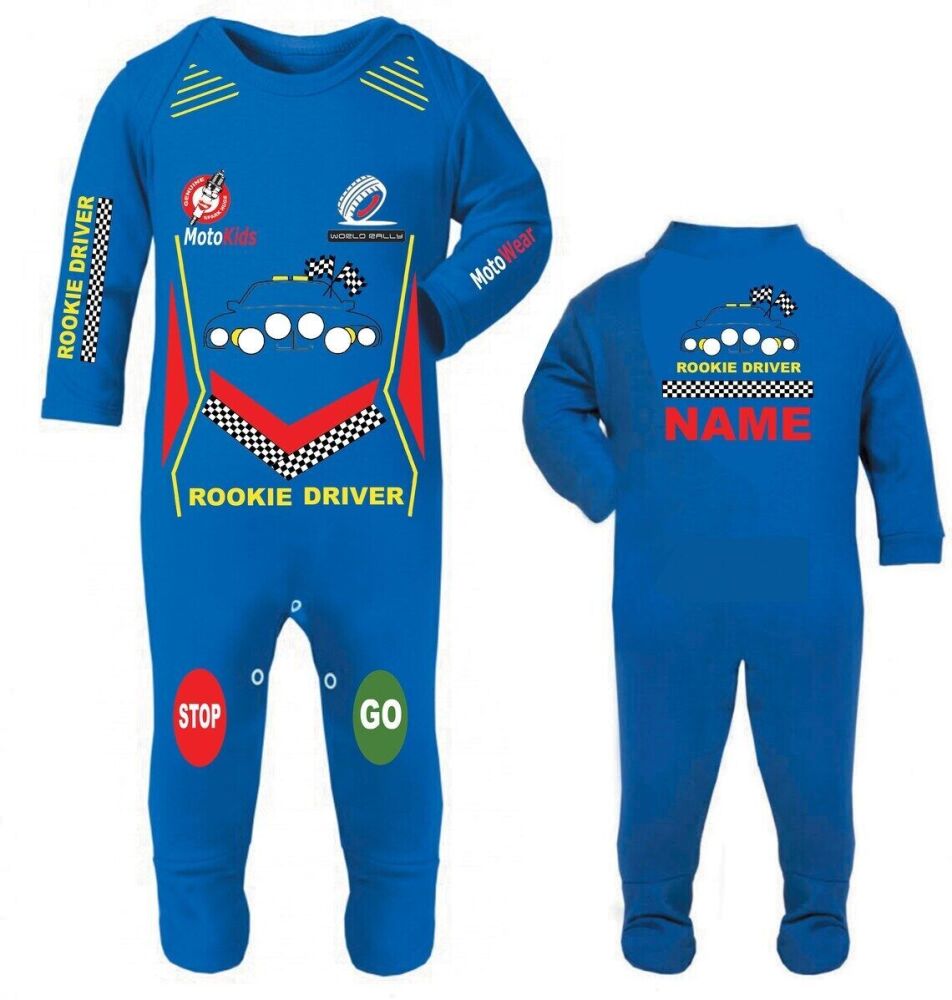 Car racing rookie rally driver blue baby grow babygrow romper suit custom p