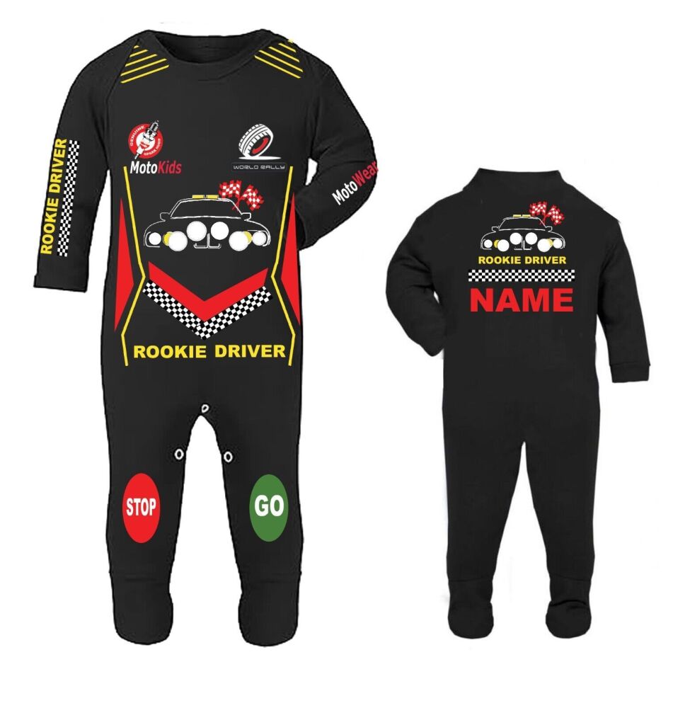 Car racing rookie rally driver black baby grow babygrow romper suit custom 