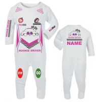 Car racing rookie rally driver white baby grow babygrow romper suit custom print