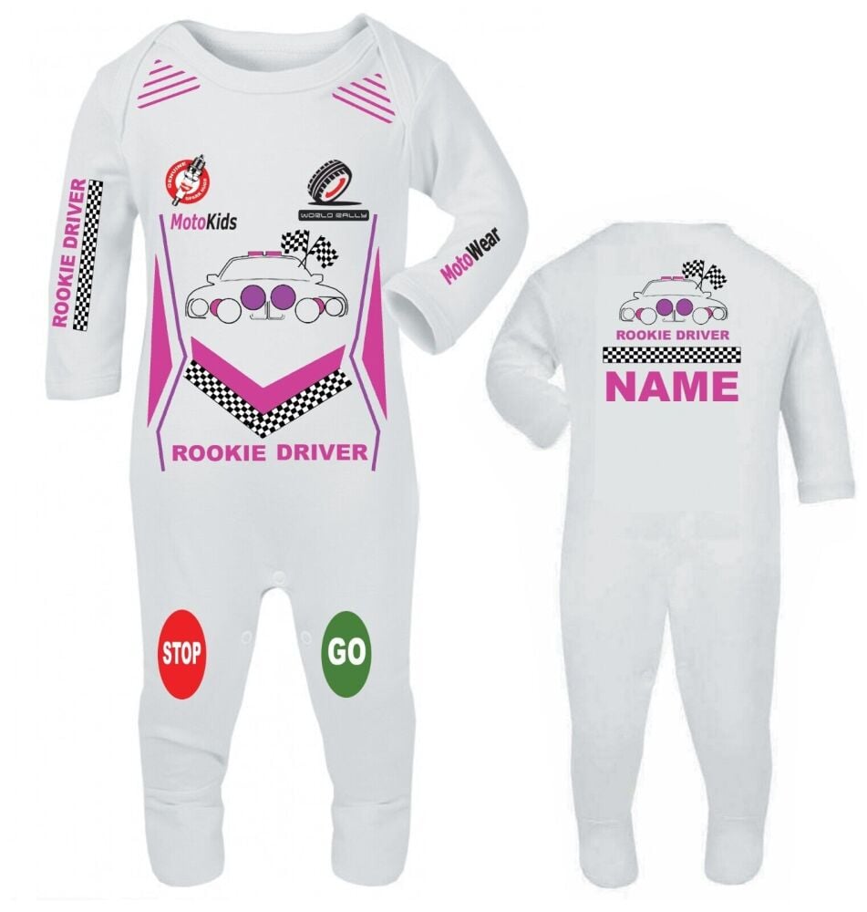 Car racing rookie rally driver white baby grow babygrow romper suit custom 