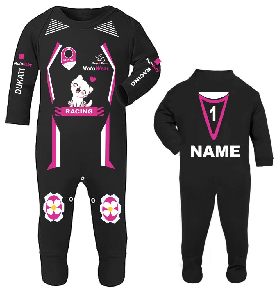 Motorcycle baby biker babygrow Dukati pink black Racing Race romper suit customise
