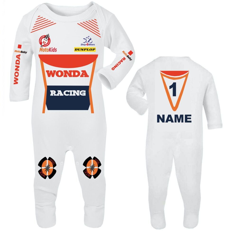 Motorcycle Baby grow babygrow Wonda Racing Race white orange romper suit customise personalise