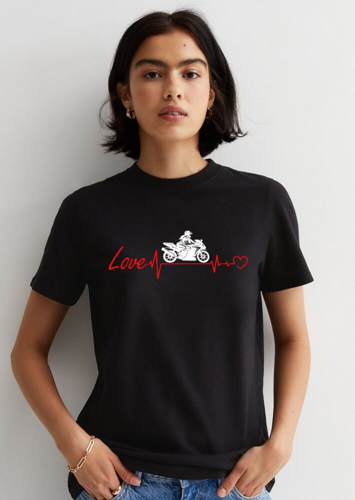 AA. Lady girl women biker heart beat black 100% cotton small - 4XL tee t-shirt