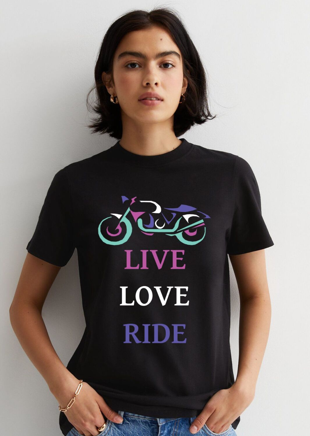AA.Lady women girl biker motorcycle bikerLive Love Ride 100% cotton small -
