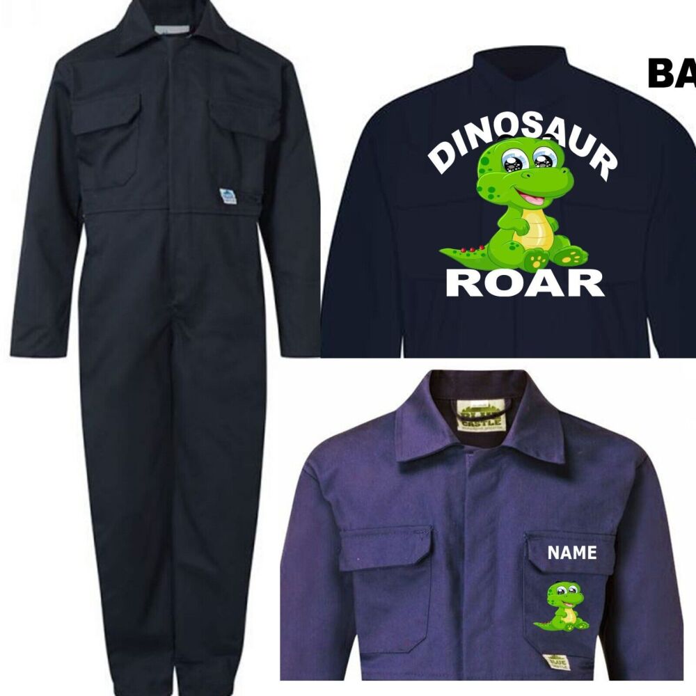 Kids children red or blue boiler suit overalls coveralls customise dinosaur roar