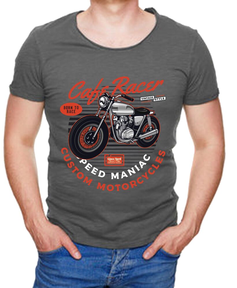 Motorcycle motorbike cafe racer speed maniac retro design grey tshirt tee