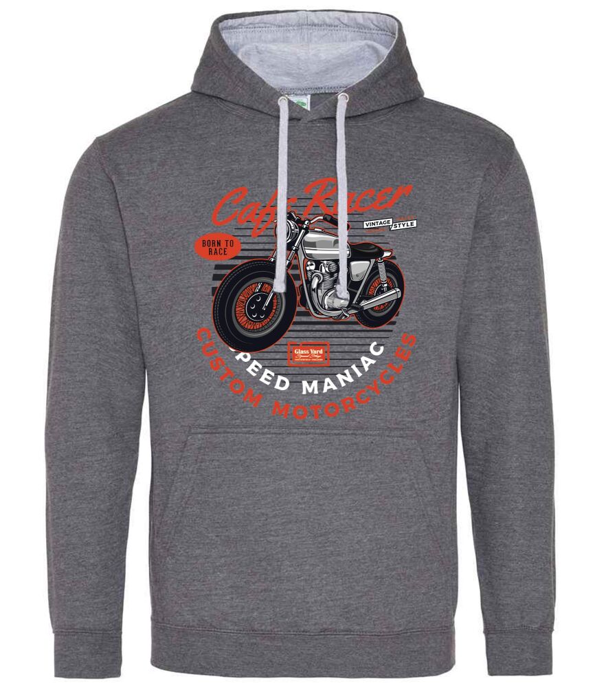 x. Motorcycle motorbike cafe racer speed maniac retro design  grey red hoodie sweat